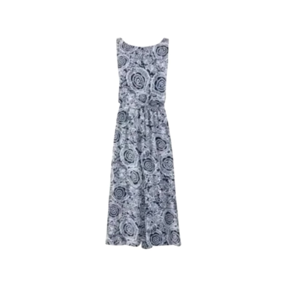 CABI.  Navy Blue White Geometric Print Sleeveless Elastic Waist Midi Dress S
